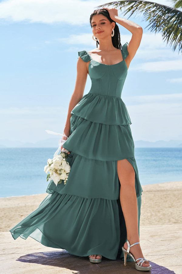 Eucalyptus A Line Corset Tiered Long Bridesmaid Dress with Slit Hot on Sale