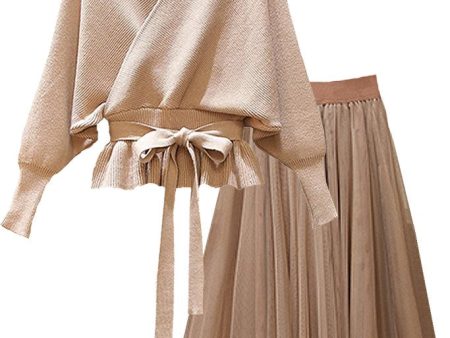 Caroline Beige Ivory Batwing Sweater Top and Mesh Skirt Set Supply