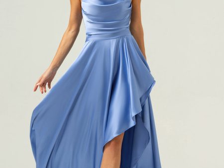 Blue Asymmetrical Cowl Neck Satin Bridesmaid Dress with Slit on Sale