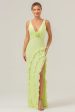 Lime Sheath Deep V Neck Backless Long Bridesmaid Dress with Ruffle Slit Supply