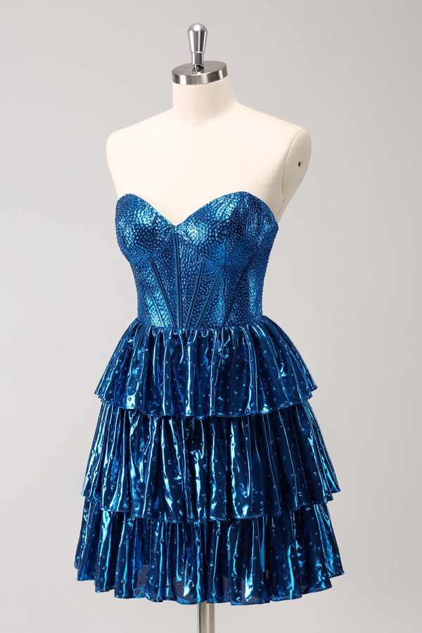 Peacock Blue A Line Strapless Corset Tiered Short Homecoming Dress For Sale