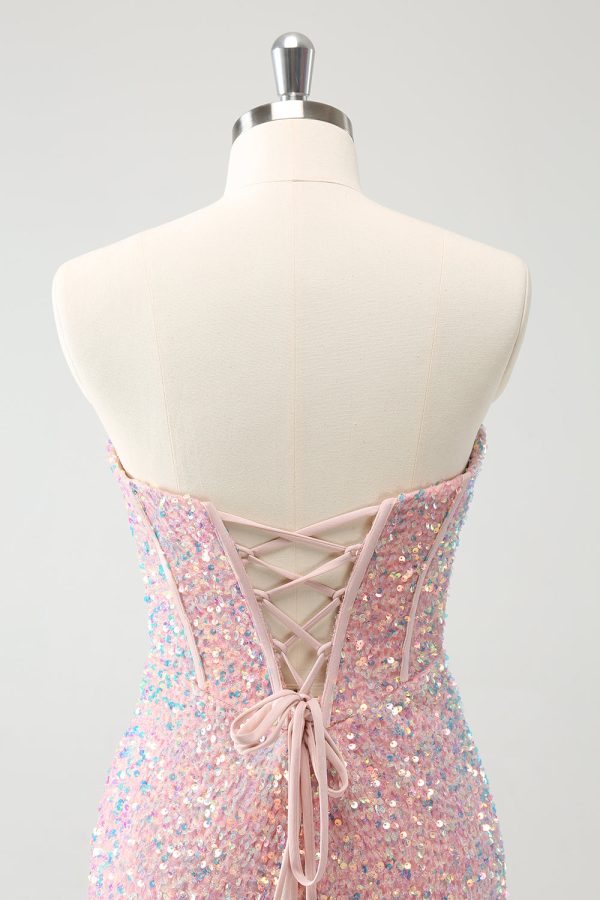 Sparkly Strapless Light Pink Tight Short Homecoming Dress with Sequins on Sale