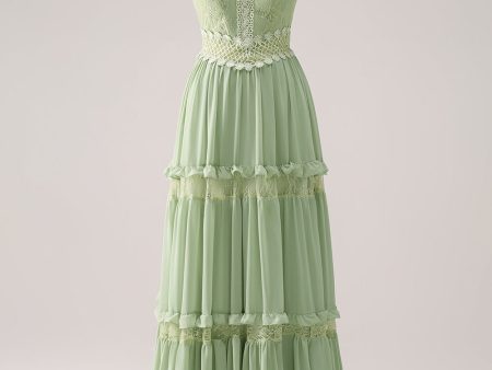 Green Ruffled Floral Bridesmaid Dress with Lace For Cheap