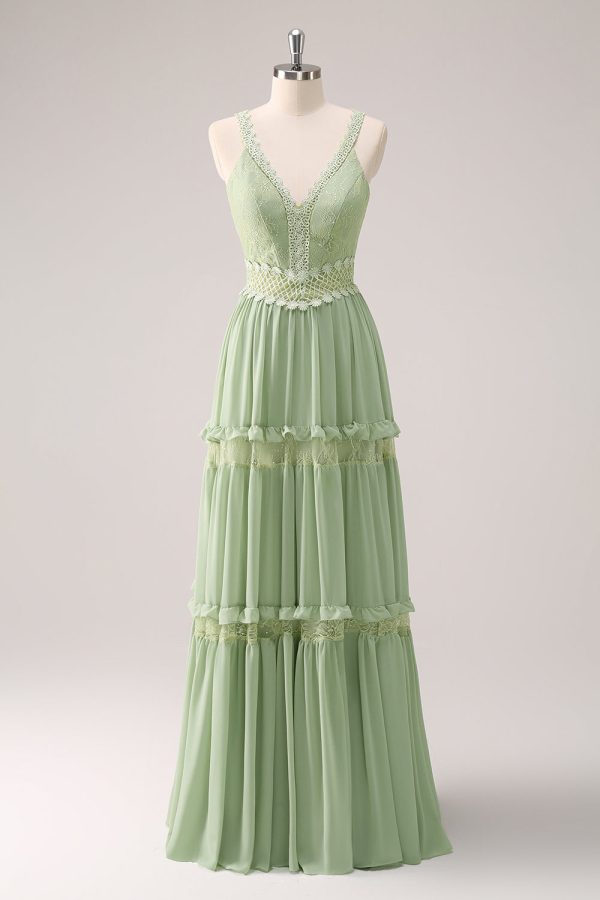 Green Ruffled Floral Bridesmaid Dress with Lace For Cheap