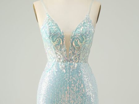 Sparkly Light Blue Spaghetti Straps Tight Short Homecoming Dress with Slit Hot on Sale