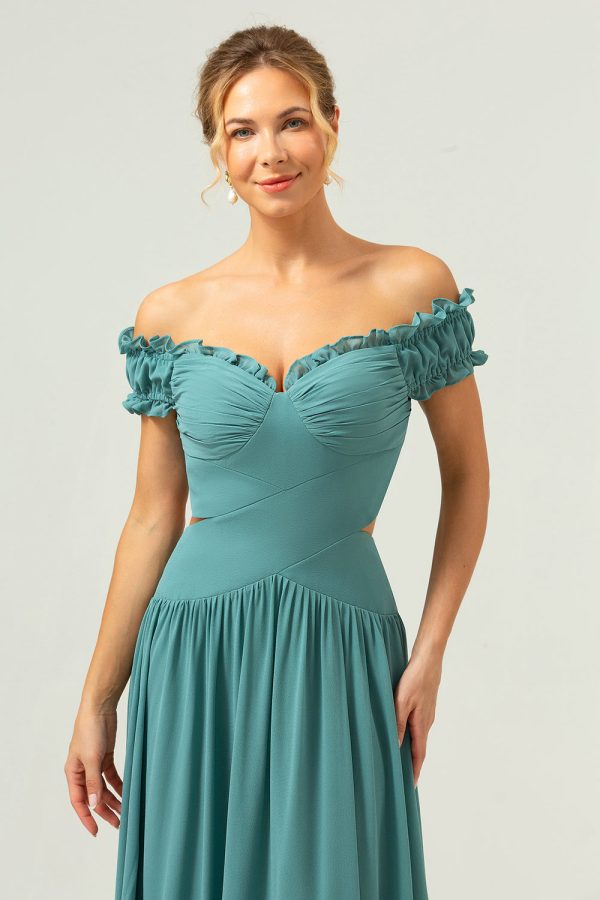 A-Line Off The Shoulder Pleated Chiffon Green Long Bridesmaid Dress Cheap