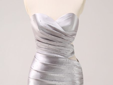 Silver Strapless Hollow Out Pleated Tight Homecoming Dress with Beading Online Sale