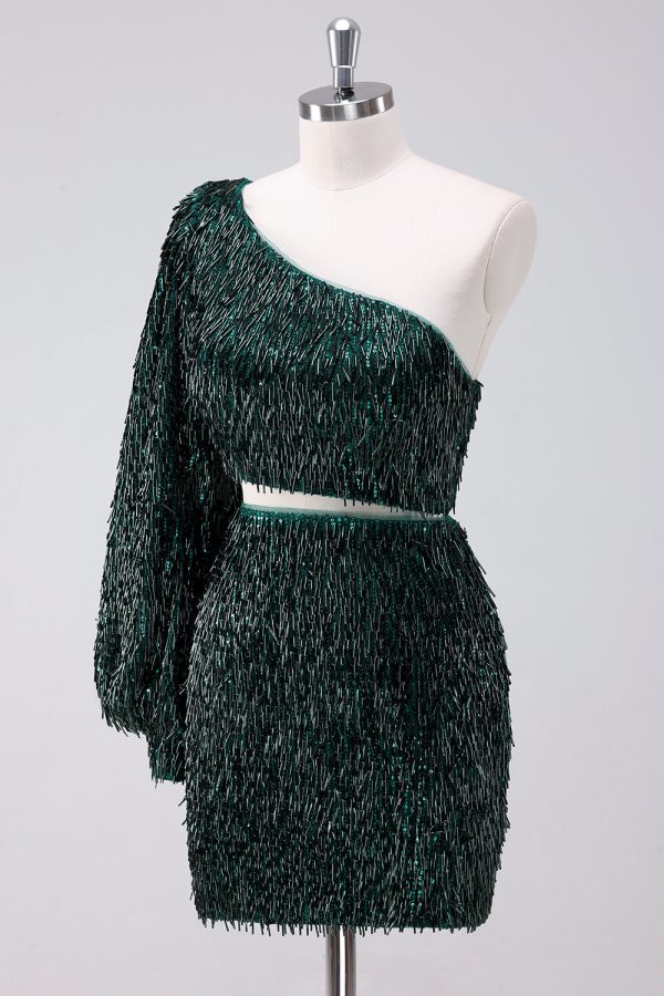 Sparkly Dark Green One Shoulder Tight Short Homecoming Dress with Tassels Online Hot Sale