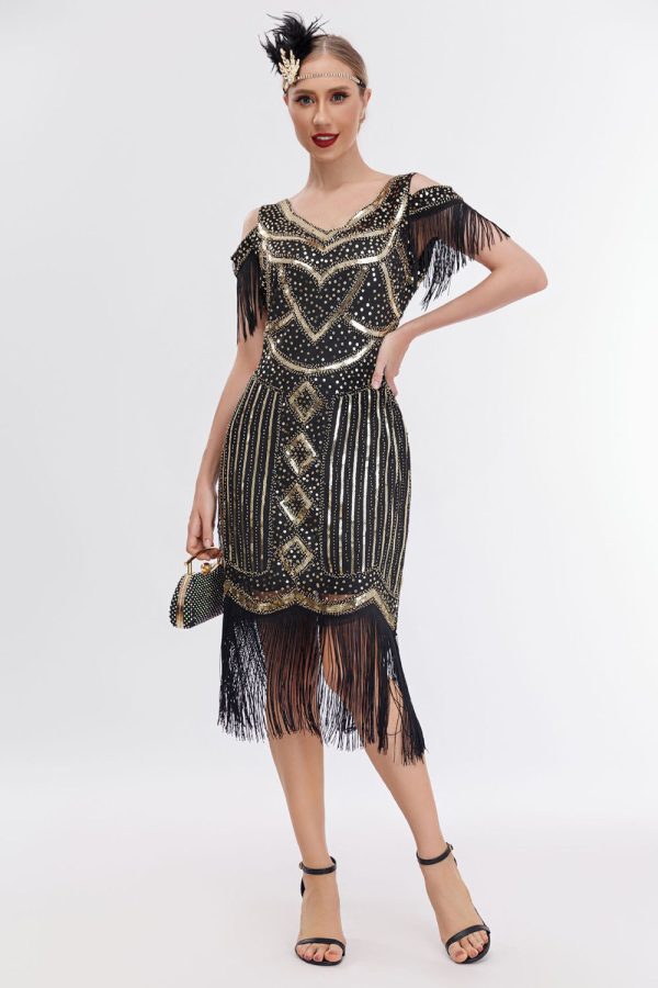 Black Golden Cold Shoulder Fringes 1920s Gatsby Dress Cheap