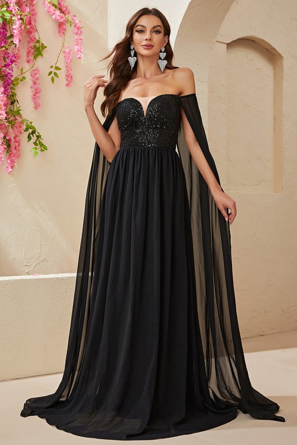 Black  A-line Off The Shoulder Chiffon Long Prom Dress Cheap