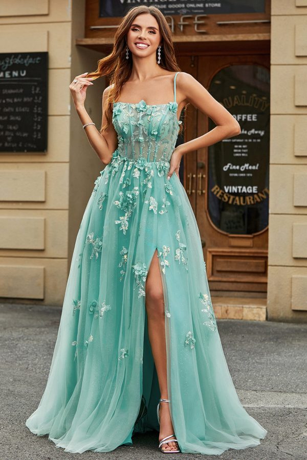 A-Line Green Tulle Corset Prom Dress with Appliques Fashion