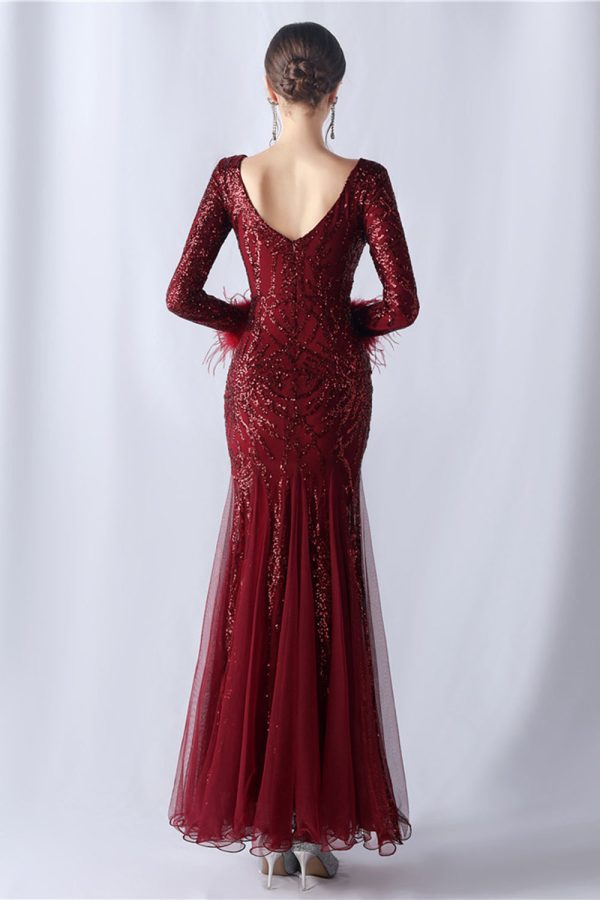 Sparkly Mermaid Burgundy Feathered Mother of Bride Dress with Long Sleeves Online now