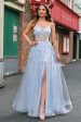 A Line Tulle Spaghetti Straps Corset Applique Blue Prom Dress with Slit Online