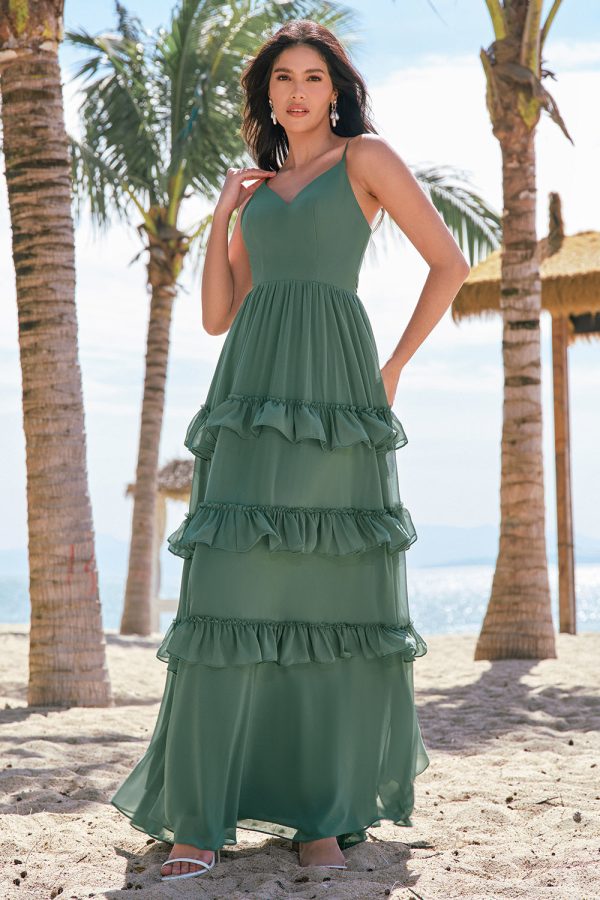 Eucalyptus A-Line Chiffon Tiered Long Bridesmaid Dress Cheap