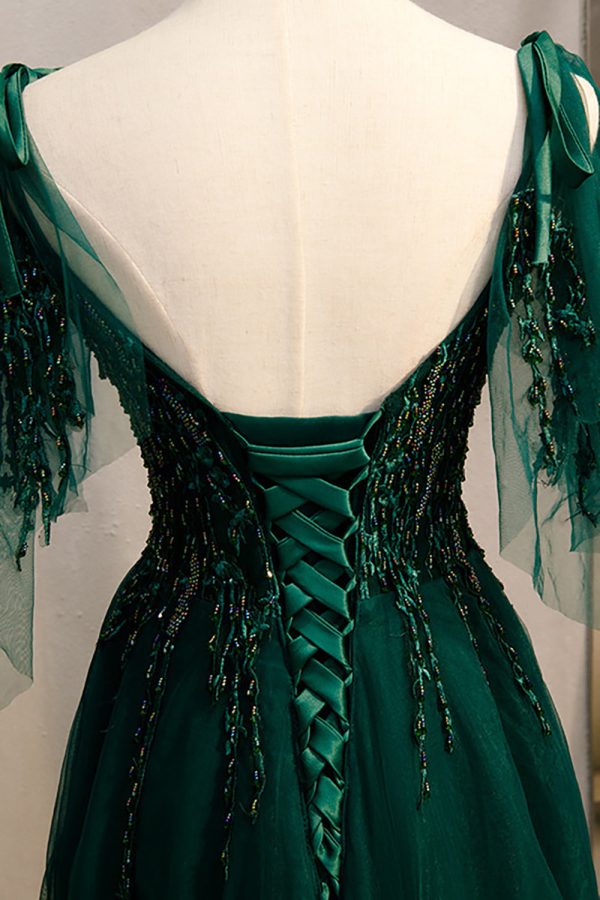 A-Line Spaghetti Straps Dark Green Prom Dress with Beading Supply