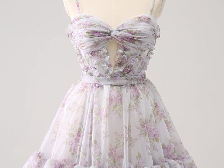 Lilac A-Line Floral Prints Ruffled Tiered Tulle Homecoming Dress Supply