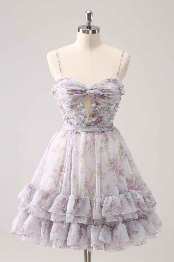 Lilac A-Line Floral Prints Ruffled Tiered Tulle Homecoming Dress Supply