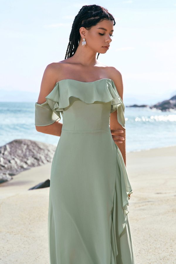 Light Green Mermaid Off the Shoulder Long Bridesmaid Dress with Ruffle Slit Online Hot Sale