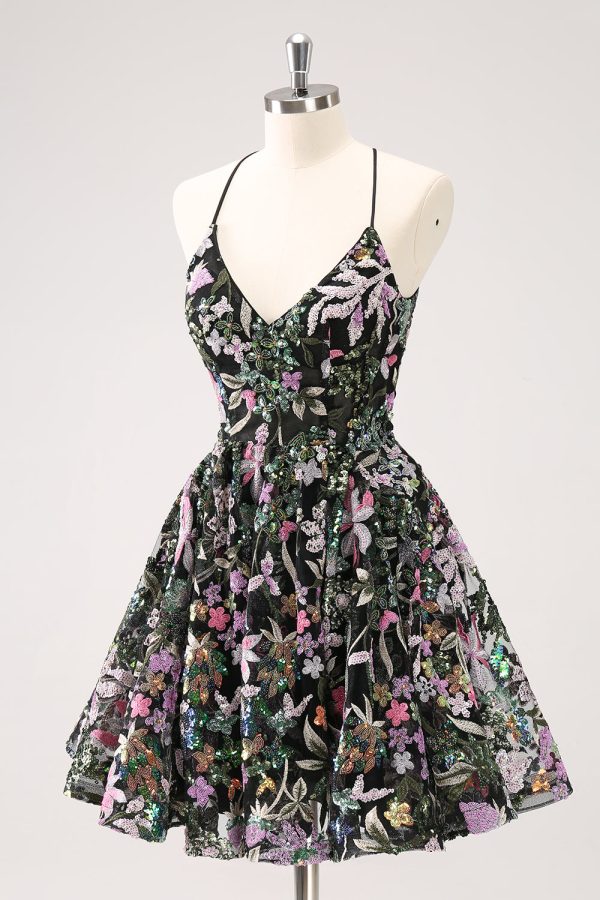 Sparkly Black A Line Floral Short Homecoming Dress with Sequins Online Sale