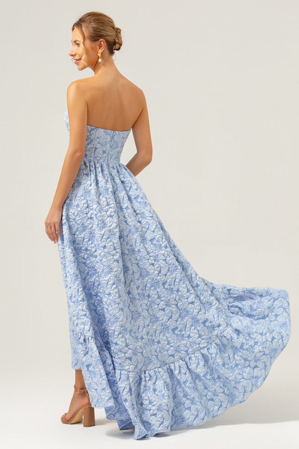 A-Line Blue Floral Strapless High Low Bridesmaid Dress on Sale