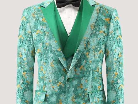 Green Peak Lapel  3 Piece Jacquard One Button Men s Prom Suits Supply