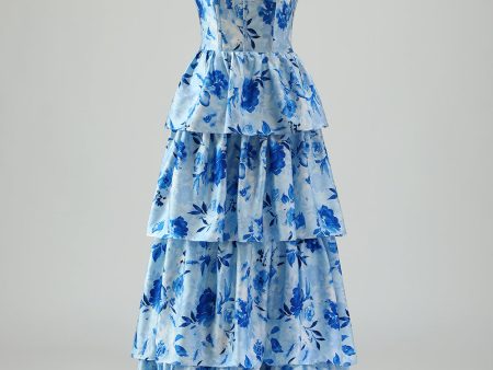 Blue Floral A Line Corset Tiered Long Bridesmaid Dress with Slit on Sale