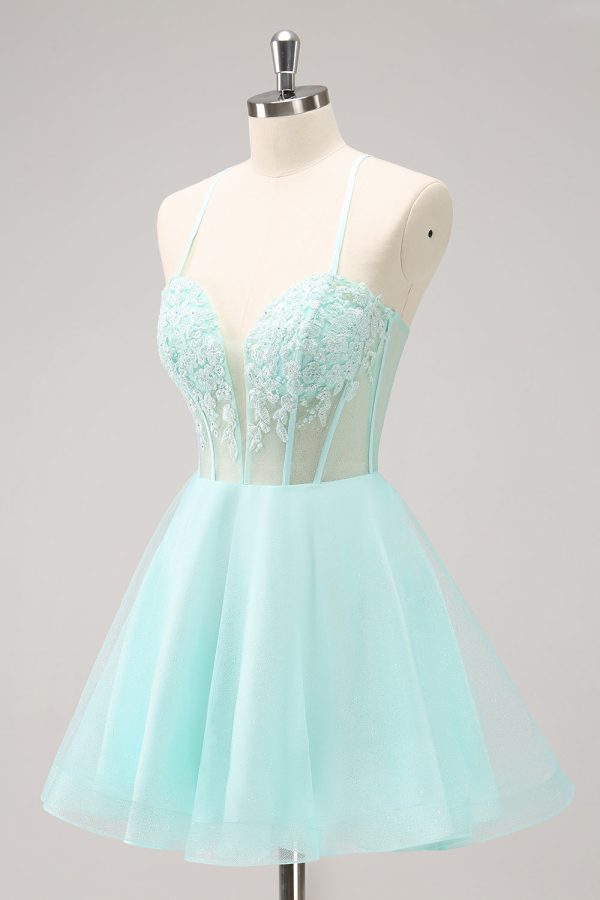 Green A Line Spaghetti Straps Corset Short Homecoming Dress Online Sale