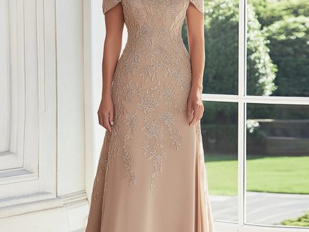 Taupe Lace Applique Sheath Off the Shoulder Mother of the Bride Dress Online Hot Sale