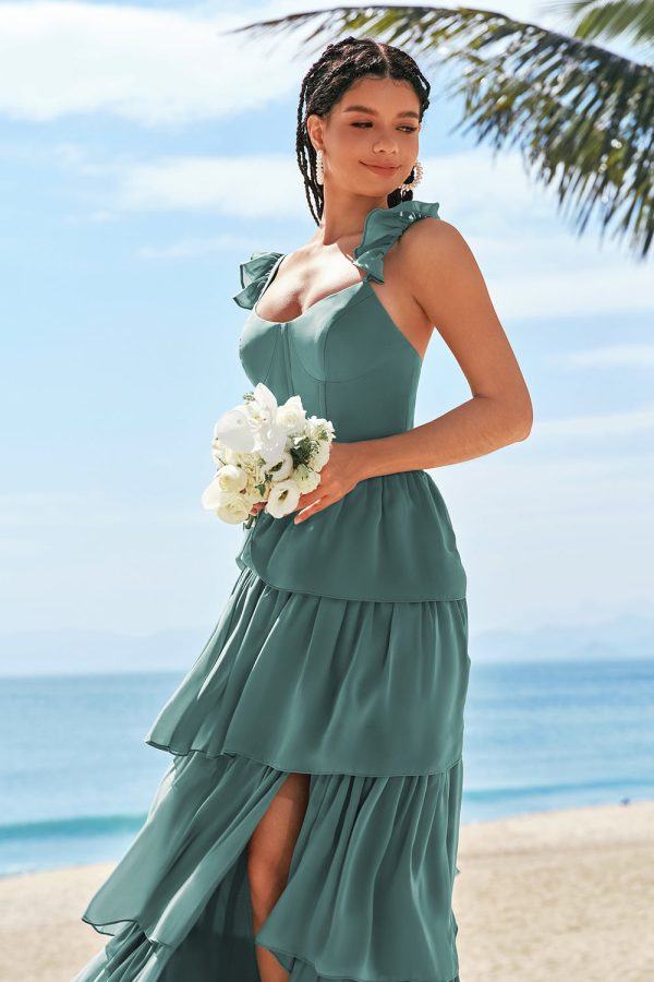 Eucalyptus A-Line Corset Tiered Long Bridesmaid Dress with Ruffle Slit Discount