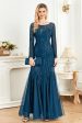 Sparkly Ink Blue Appliques Beads Long Sleeves Round Neck Mother Of The Bride Dress For Sale