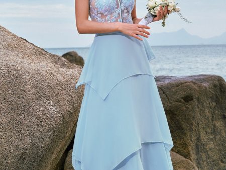 Halter Blue Floral A Line Bridesmaid Dress with Lace Up Back Online now