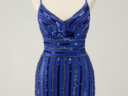 Sparkly Royal Blue Tight Sequined Spaghetti Straps Homecoming Dress Online