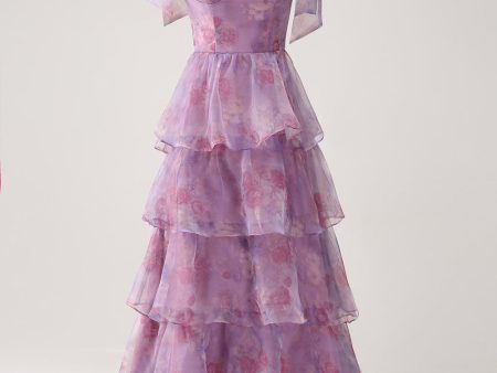 A Line Tiered Purple Printed Tea-Length Long Prom Dress For Sale