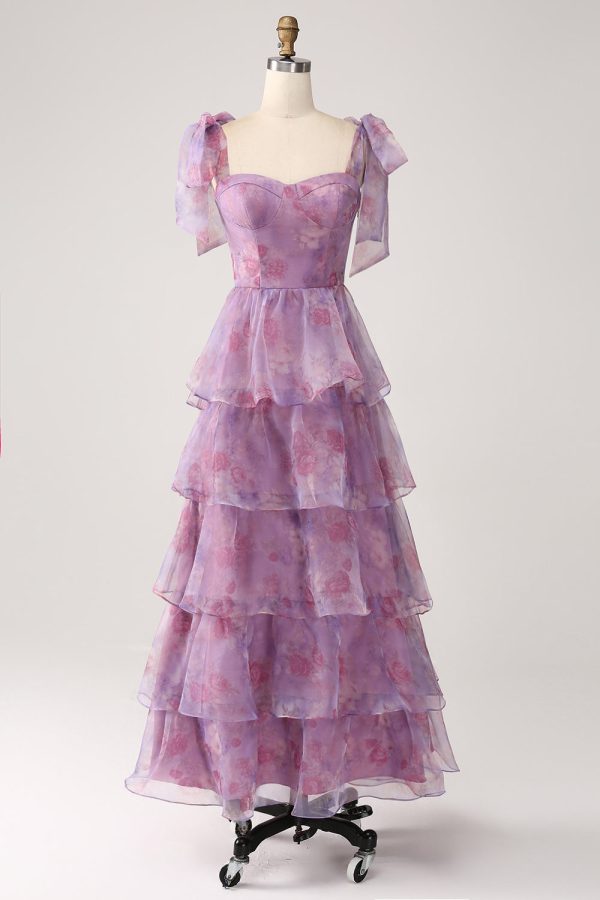 A Line Tiered Purple Printed Tea-Length Long Prom Dress For Sale