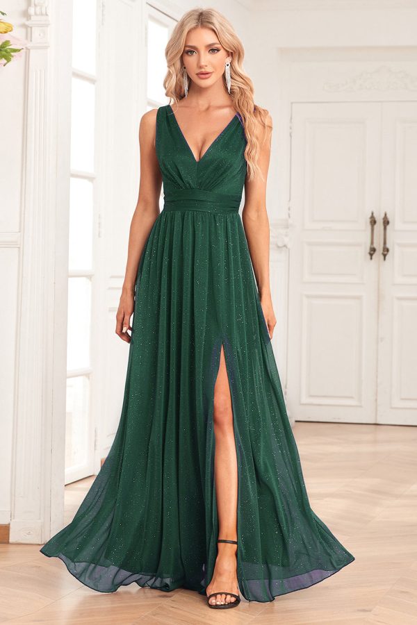 A-Line Sparkly V-Neck Dark Green Prom Dress with Slit Online Sale