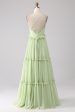 Ruffles A Line Green Bridesmaid Dress with Lace-up Back on Sale