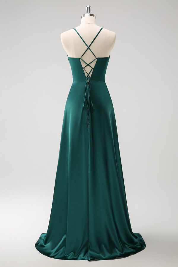 Dark Green A-Line Ruched Lace-Up Back Satin Long Bridesmaid Dress For Discount