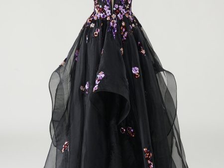 A Line Deep V Neck Black Long Prom Dress with Sequined Appliques For Sale