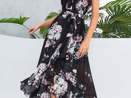 Black A-Line V-Neck Floral Print Chiffon Party Dress Online now