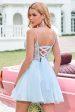 Cute Glitter A Line Beaded Corset Tulle Blue Homecoming Dress with Appliques Discount