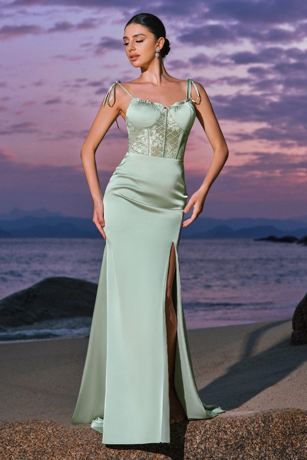 Green Mermaid Satin Bridesmaid Dress with Slit For Discount