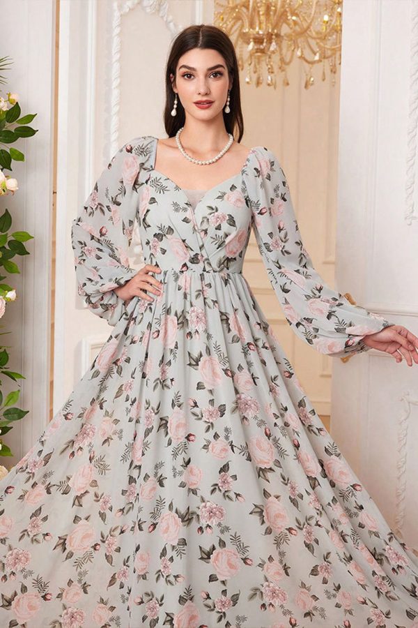 A Line Green Floral Printed Long Sleeves Long Prom Dress Online