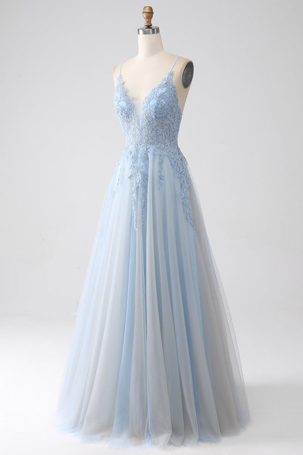 A-Line Spaghetti Straps Grey Blue Prom Dress with Beading Online Hot Sale