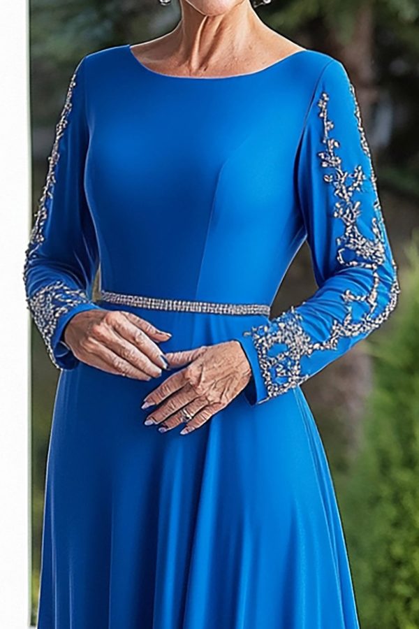 Sparkly Royal Blue A-Line Beaded Long Sleeves Mother of the Bride Dress Cheap