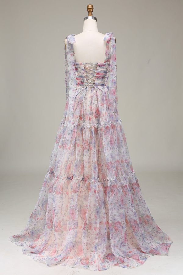 A-Line Spaghetti Straps Lilac Flower Printed Prom Dress Online Sale