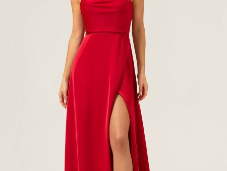 Burgundy A Line Spaghetti Straps Backless Satin Long Bridesmaid Dress with Slit Online Sale