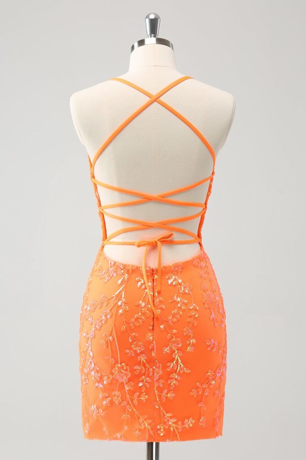 Sparkly Orange Lace-Up Back Tight Short Homecoming Dress with Sequins Online Hot Sale