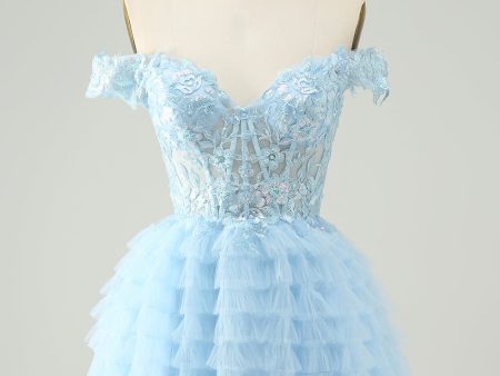 Light Blue A Line Off The Shoulder Corset Short Homecoming Dress Online Sale