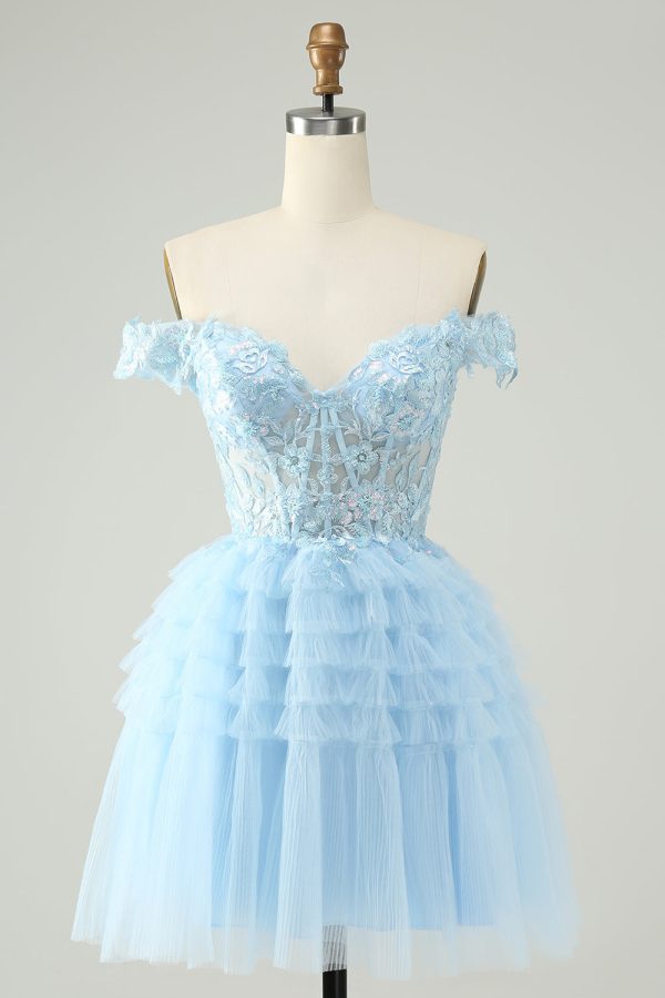 Light Blue A Line Off The Shoulder Corset Short Homecoming Dress Online Sale