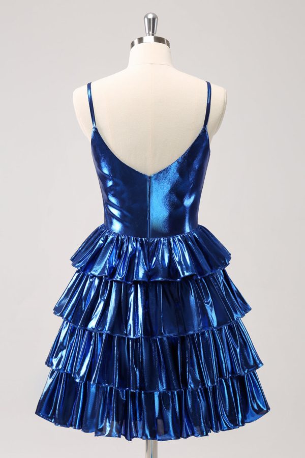 Ink Blue Spaghetti Straps A Line Tiered Short Homecoming Dress Supply